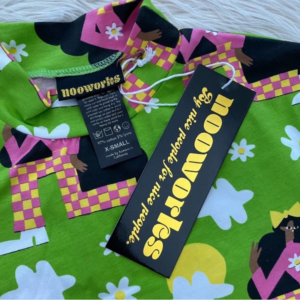 Nooworks Green Short Sleeve Mock Neck Pink Groovy Checkered Ladies Shirt Top - Picture 9 of 9
